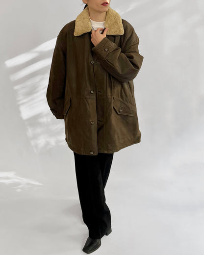 80s Brown Leather Jacket w/ Faux Shearling Collar
