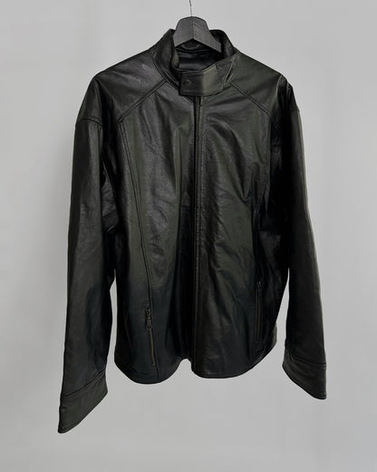 90s Black Leather Jacket – Minimalist Boxy Fit Moto Style