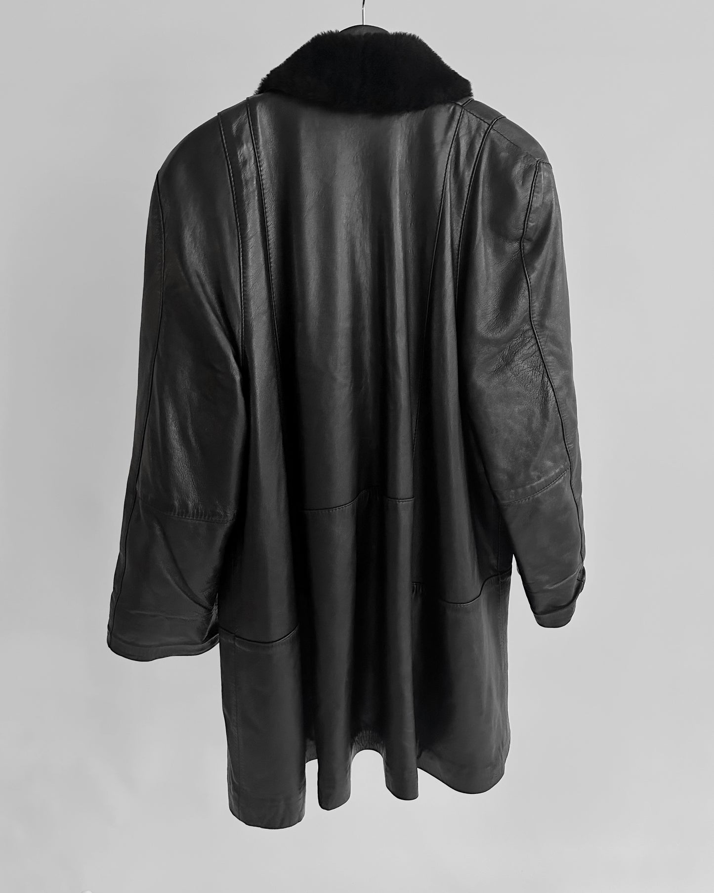80s Black Leather Coat with Faux Fur Shawl Collar