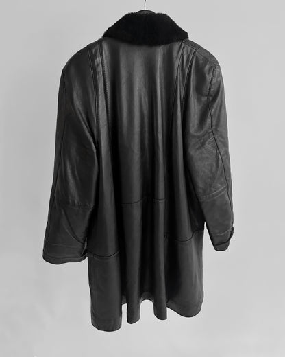 80s Black Leather Coat with Faux Fur Shawl Collar