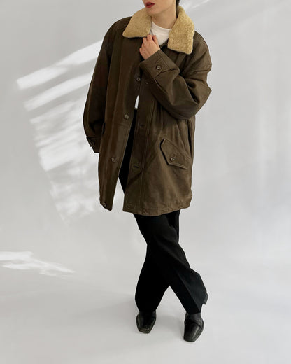 80s Brown Leather Jacket w/ Faux Shearling Collar