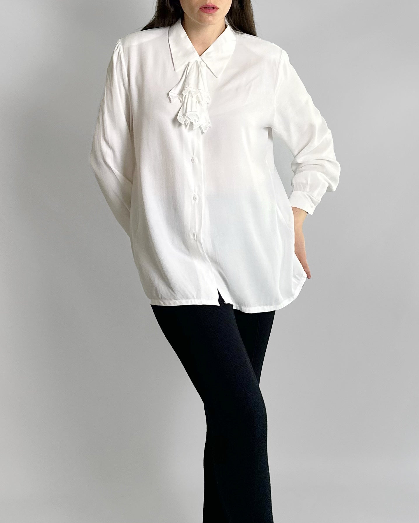 80s White Viscose Tie-Neck Blouse
