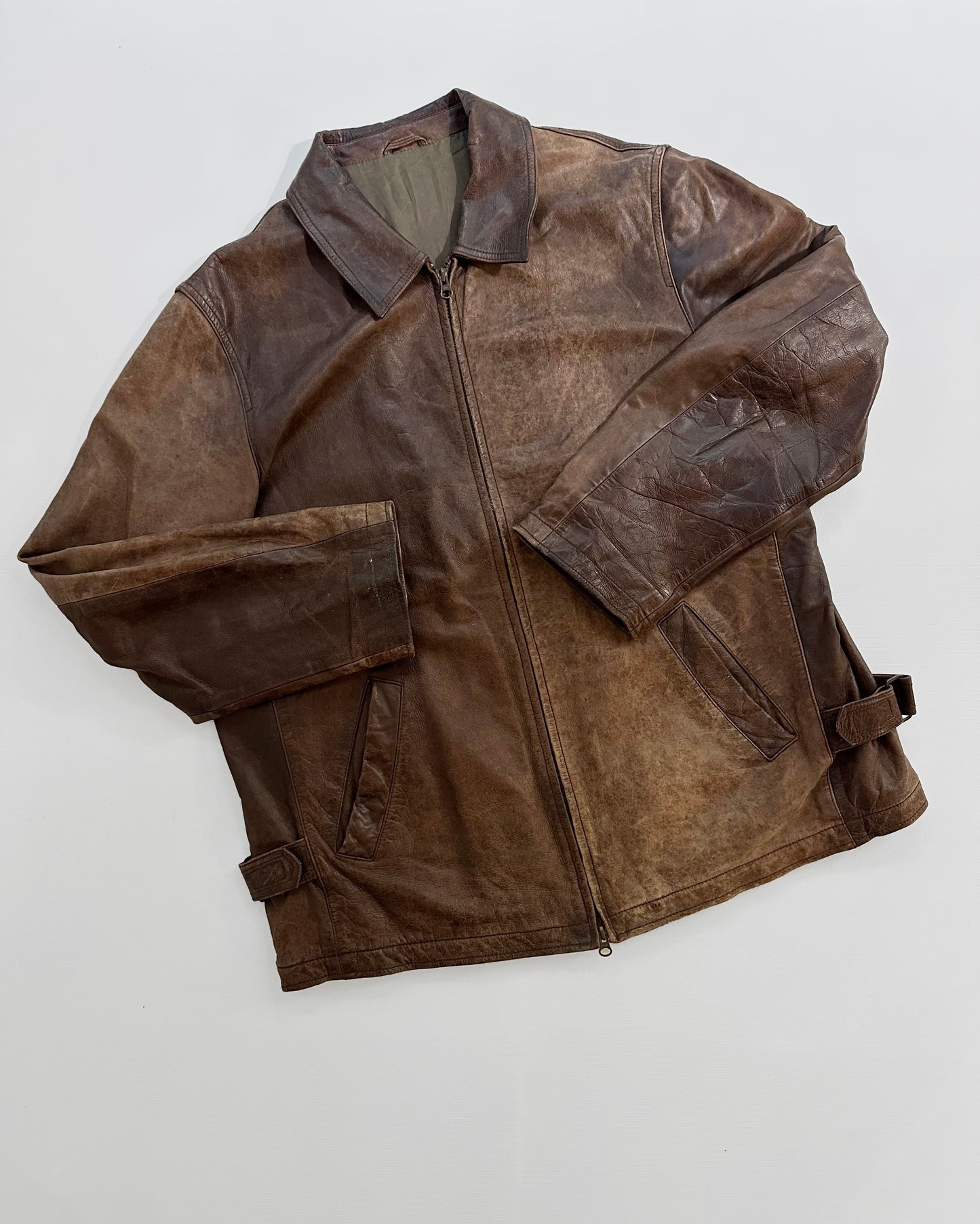 Y2K Distressed Brown Leather Zip-Up Jacket