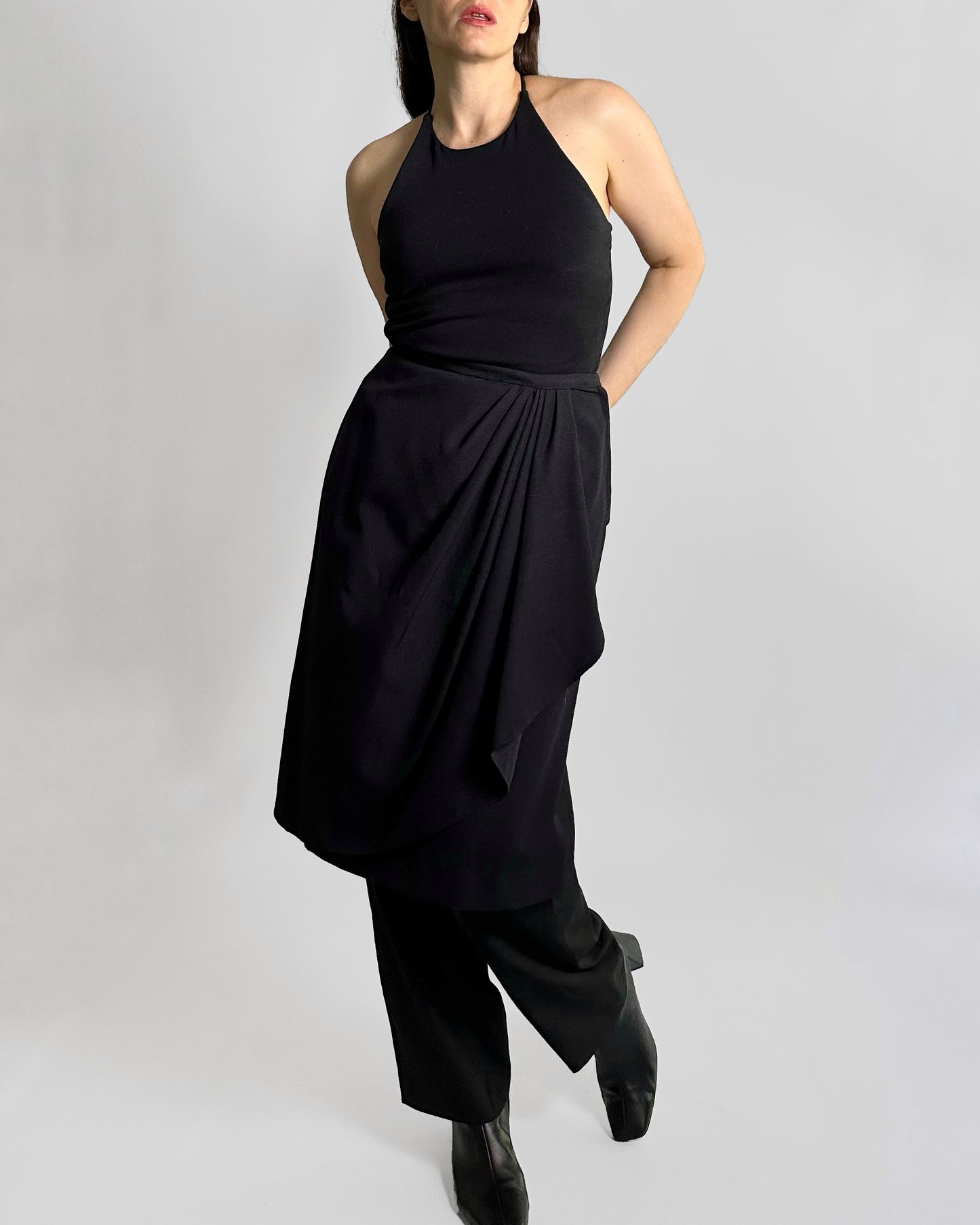 90s Black Draped Midi Skirt