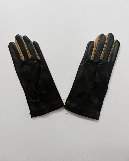 90s Black Beige Lace-Up Leather Gloves - Size 7, NOS