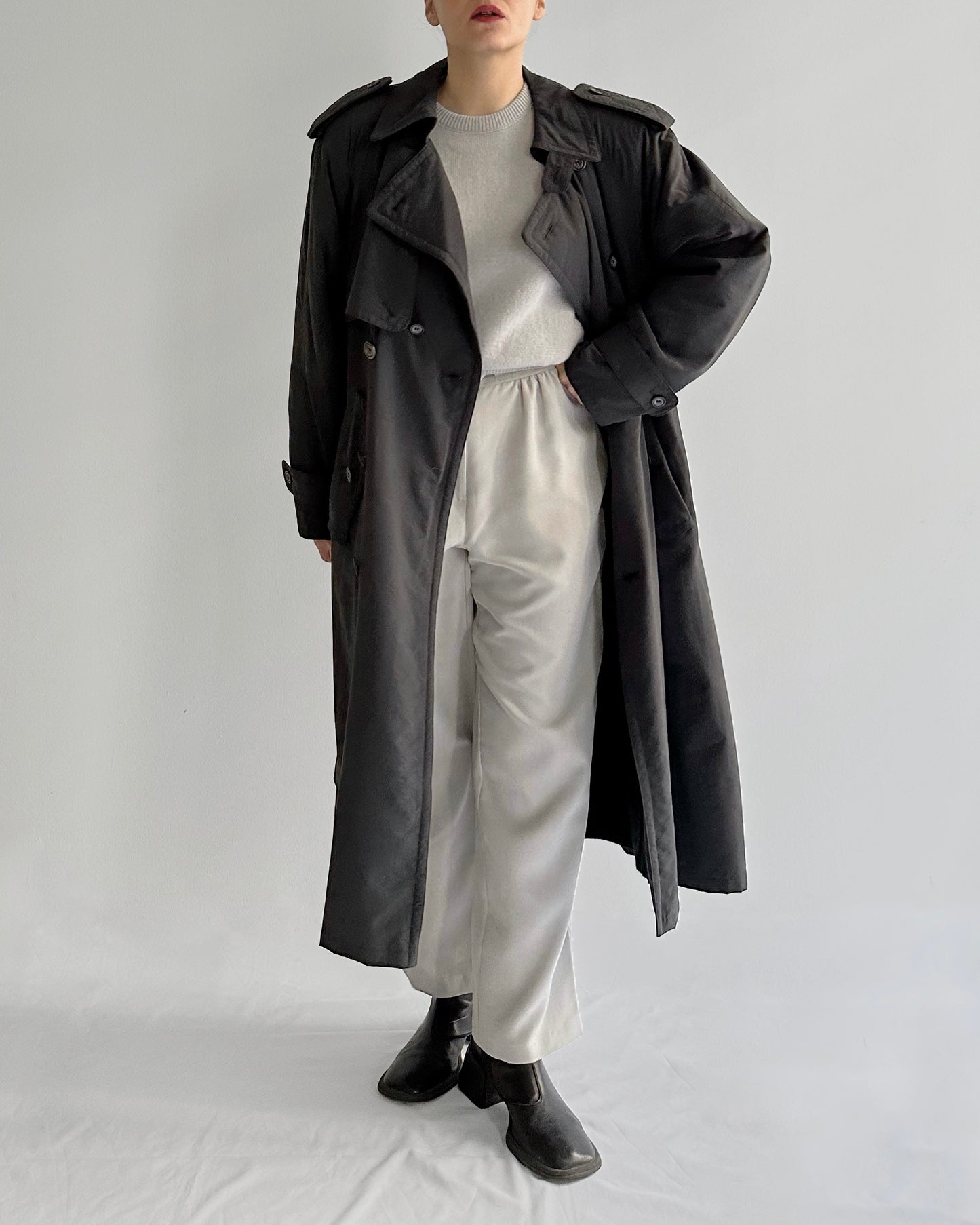 80s Charcoal Grey Belted Trench Coat