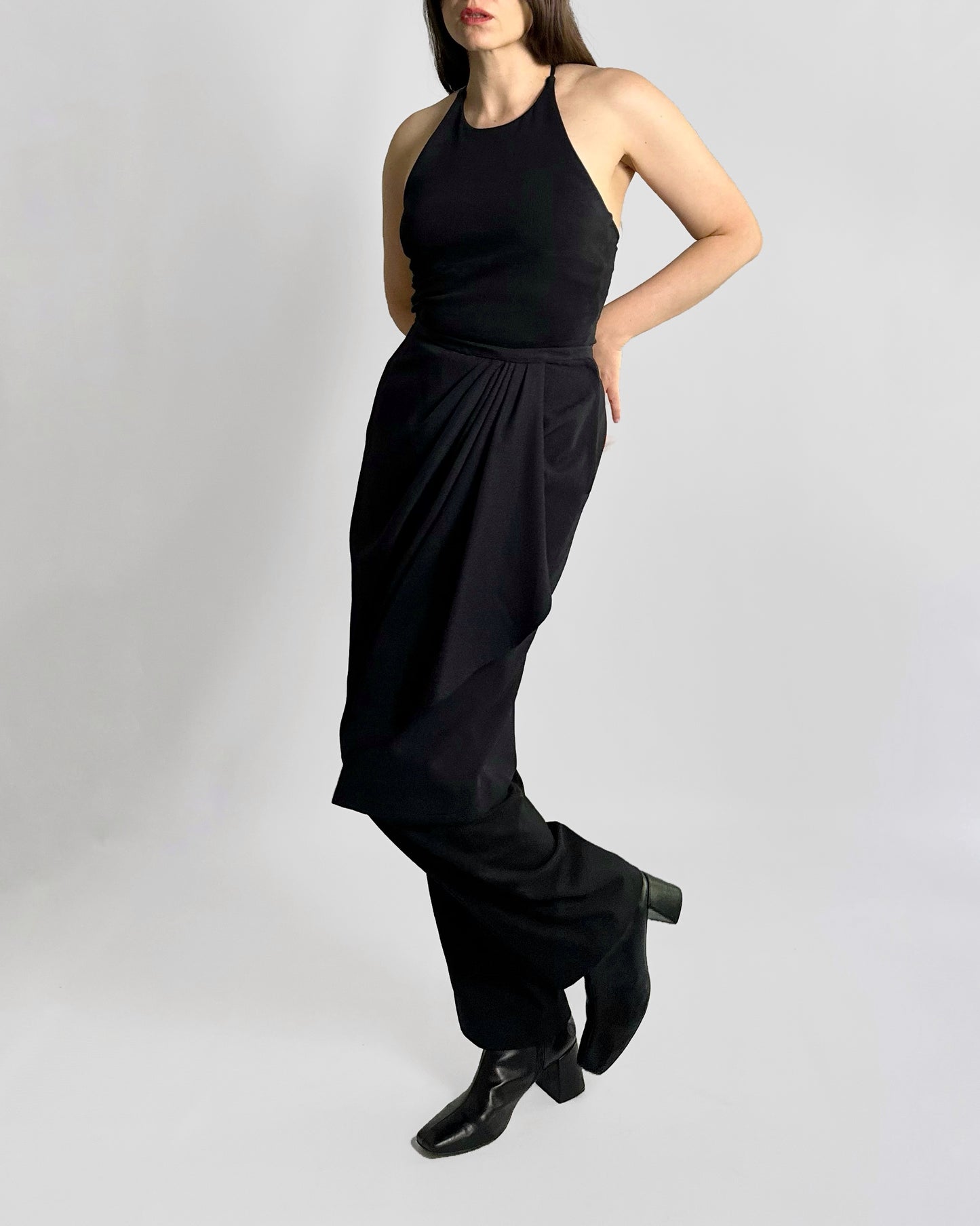 90s Black Draped Midi Skirt