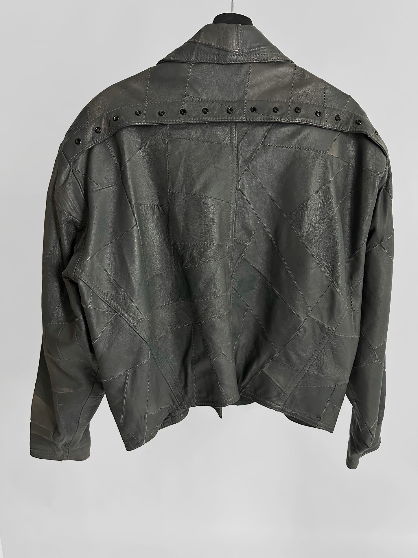 80s Grey Patchwork Leather Bomber Jacket