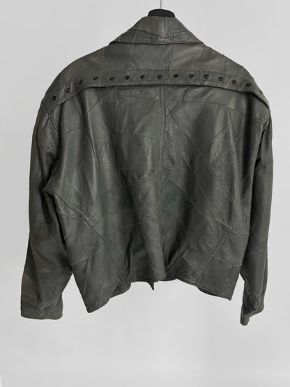 80s Grey Patchwork Leather Bomber Jacket