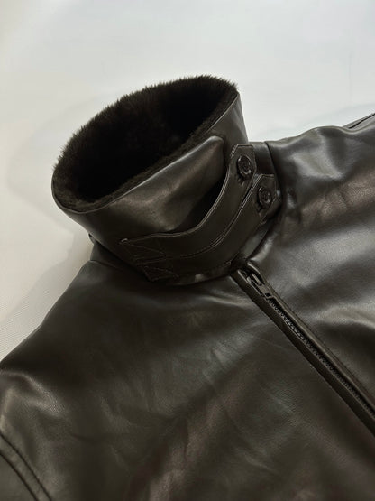 2000s Faux Leather Jacket with Faux Fur Collar