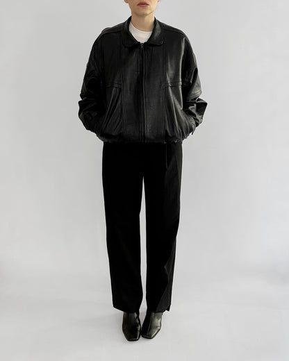 80s Black Sheepskin Leather Bomber Jacket