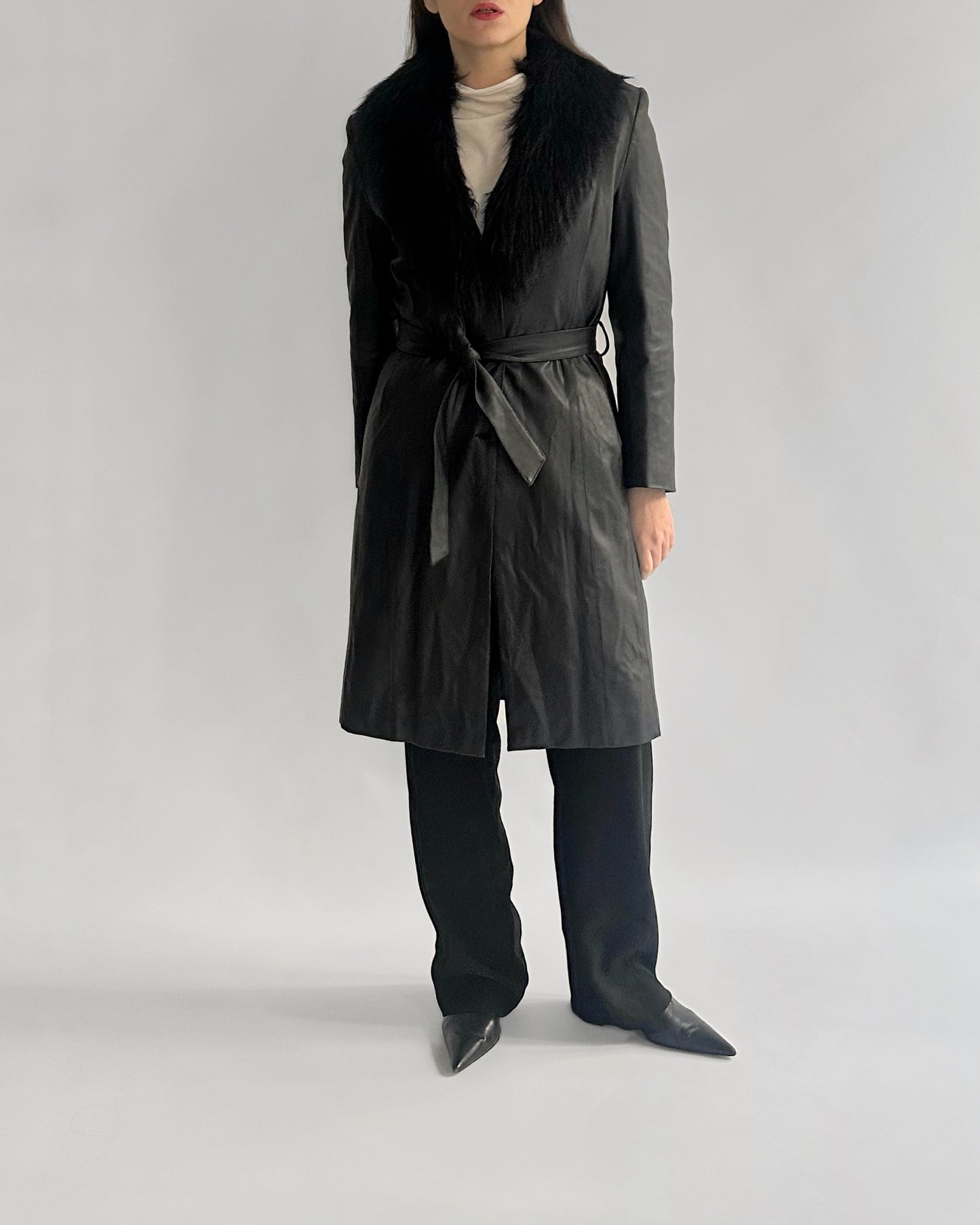 2000s Black Faux Leather Coat with Detachable Faux Fur Collar