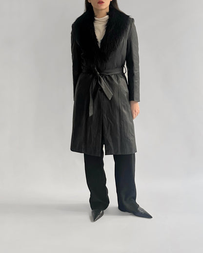 2000s Black Faux Leather Coat with Detachable Faux Fur Collar