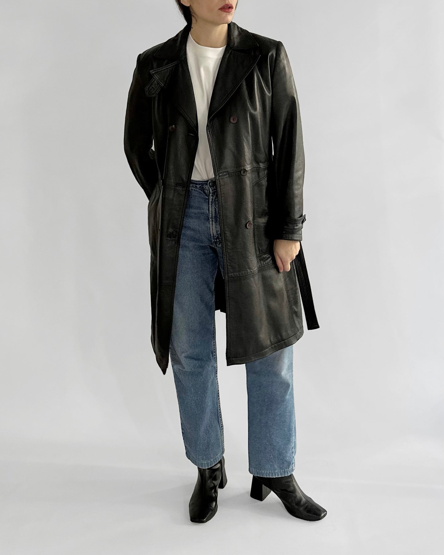 90s Black Nappa Leather Trench Coat