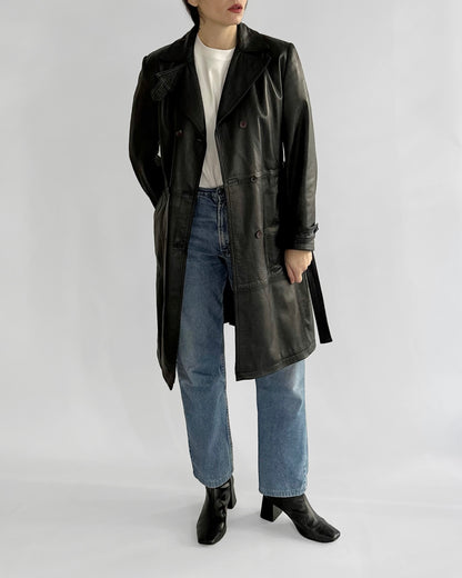 90s Black Nappa Leather Trench Coat