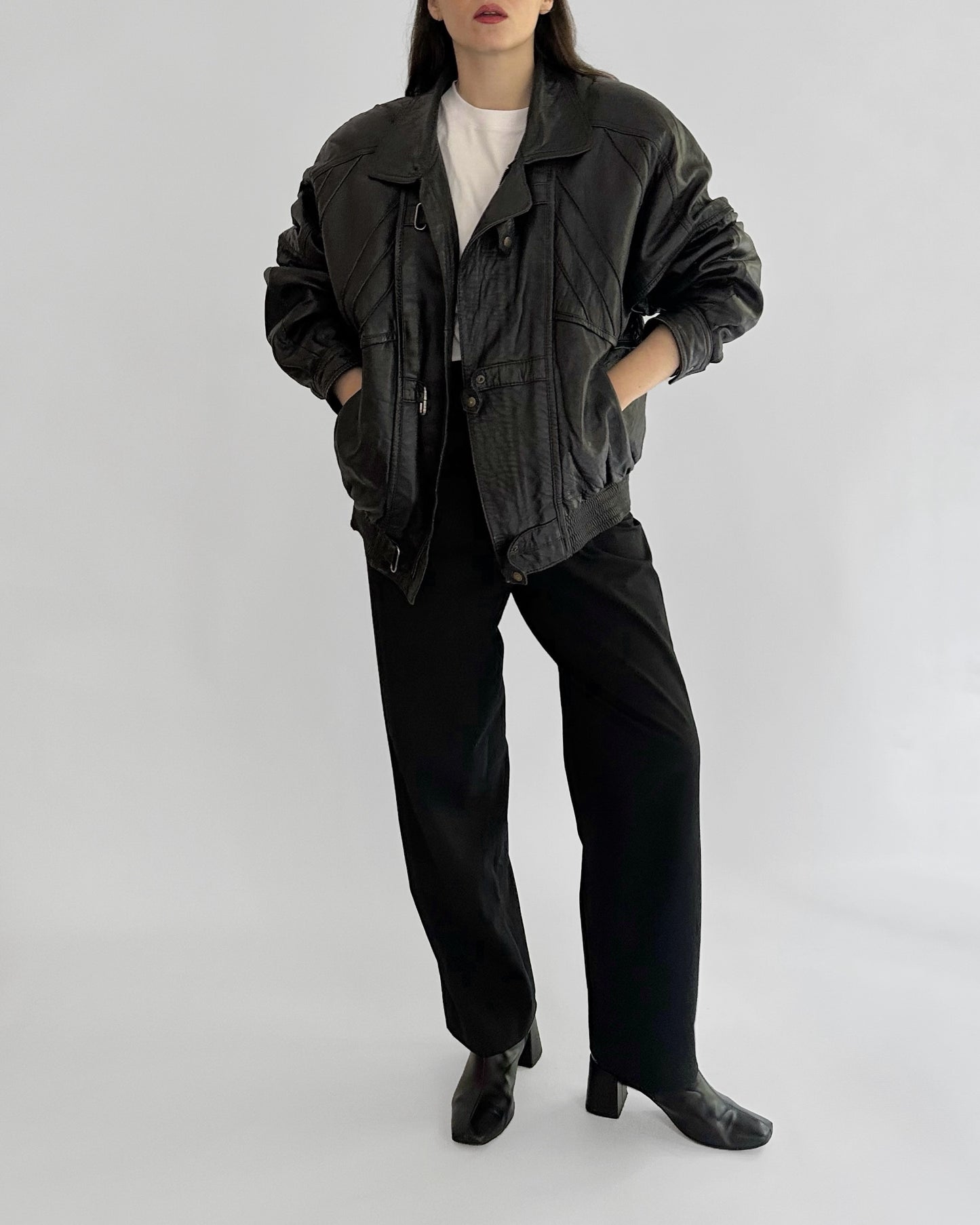 80s Black Leather Bomber Jacket
