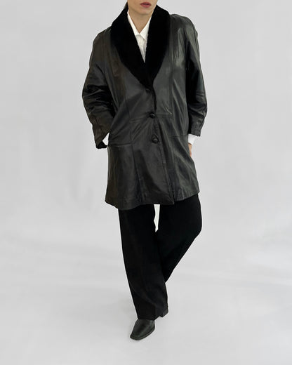 80s Black Leather Coat with Faux Fur Shawl Collar