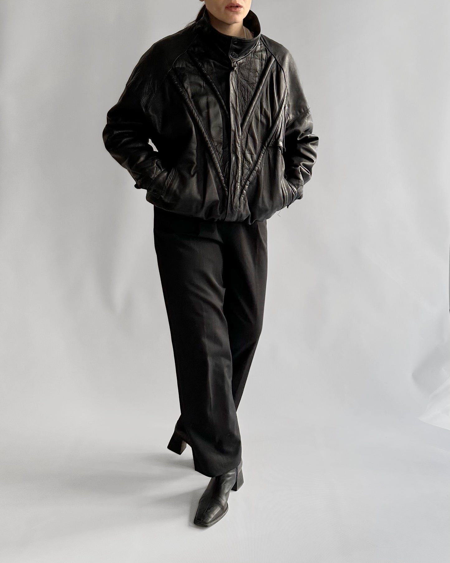 80s Black Leather Bomber Jacket