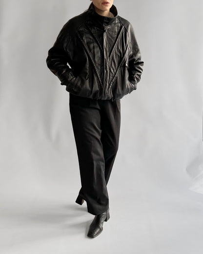 80s Black Leather Bomber Jacket