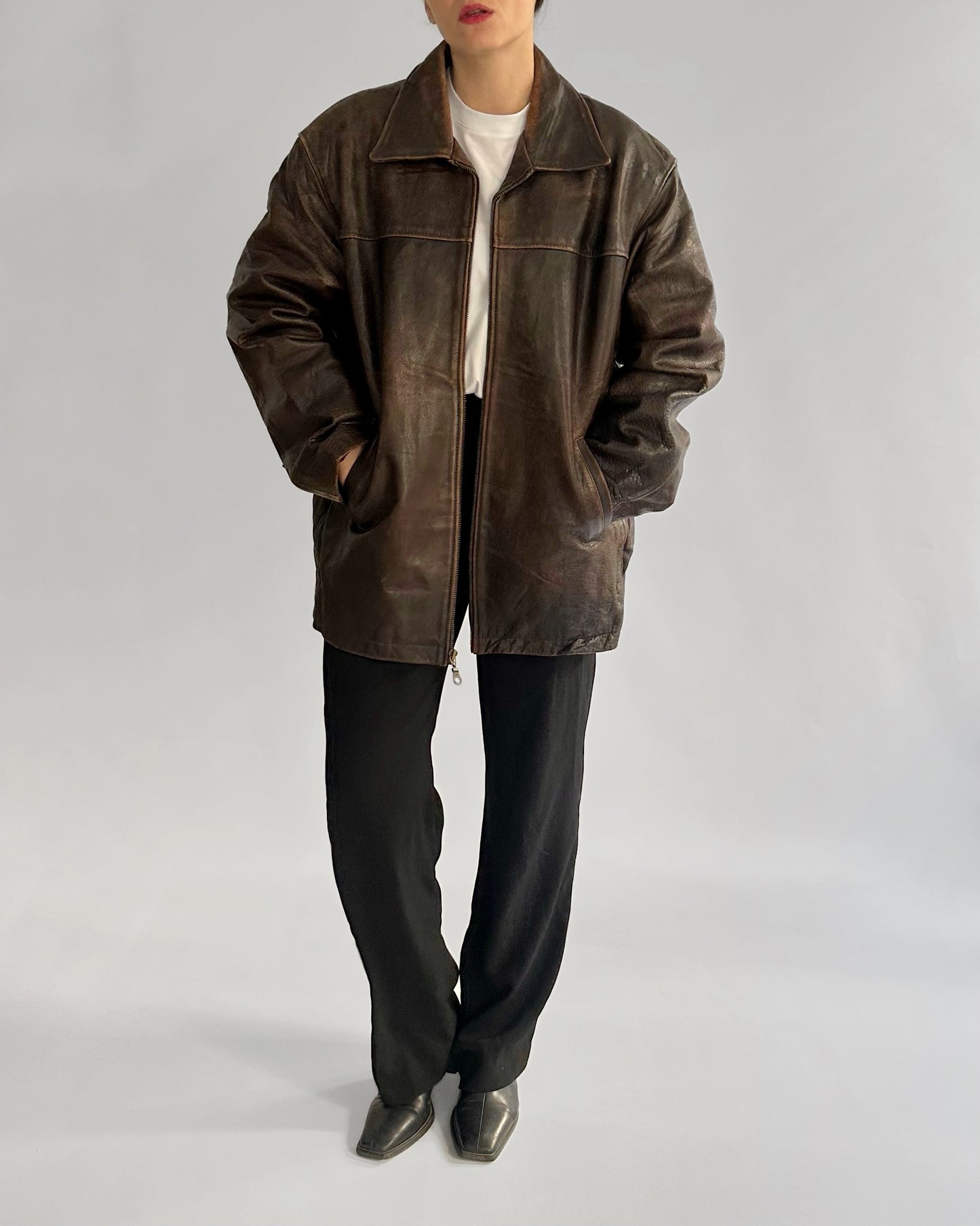 90s Oakwood Distressed Brown Leather Jacket