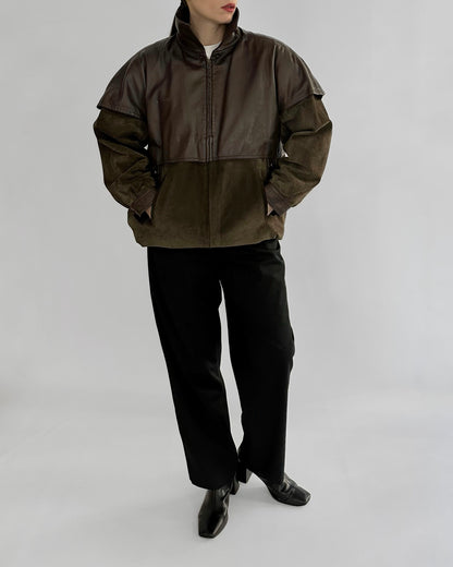 80s Brown Green Sheepskin Suede Leather Jacket