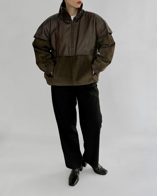 80s Brown Green Sheepskin Suede Leather Jacket