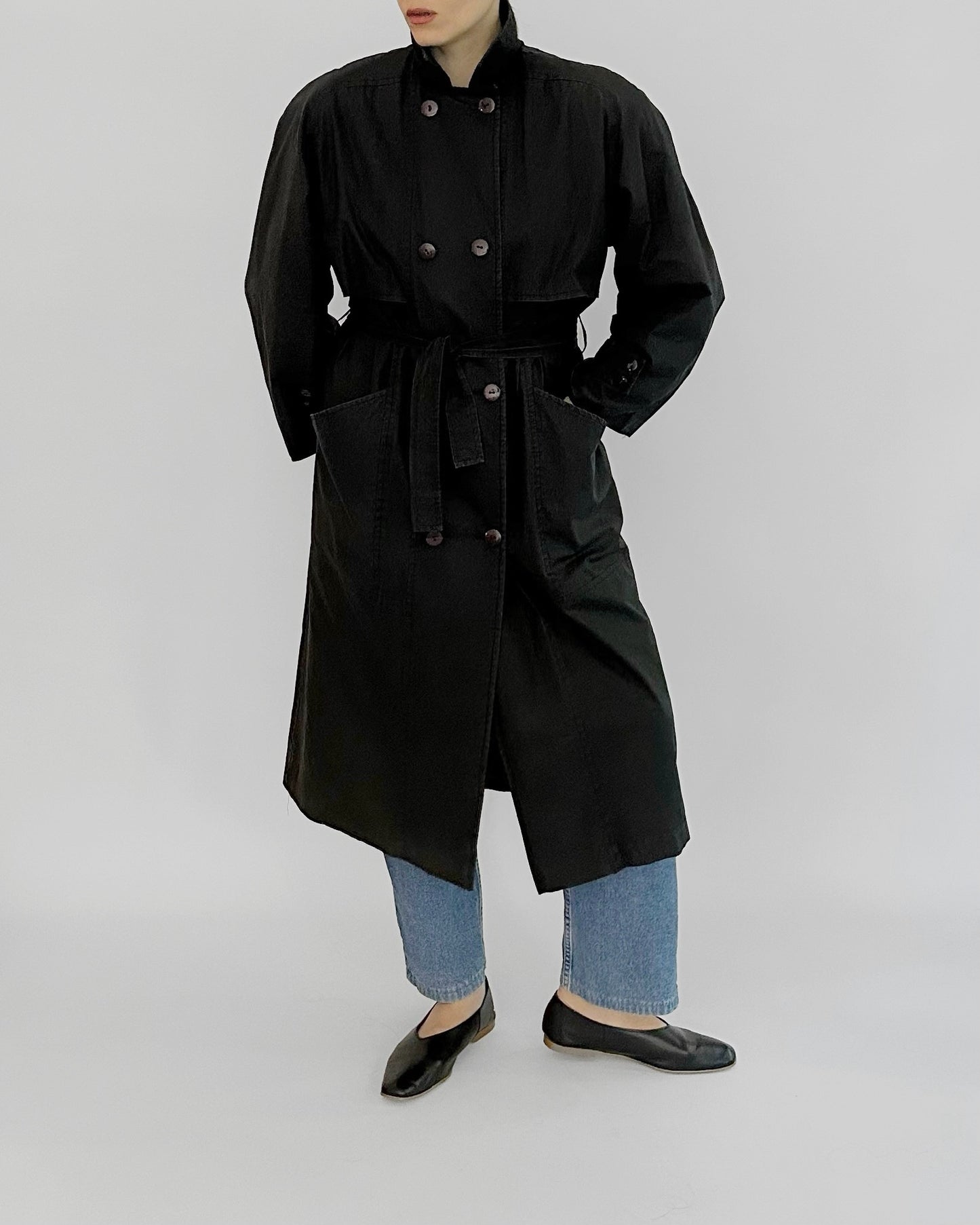 90s Black Belted Trench Coat