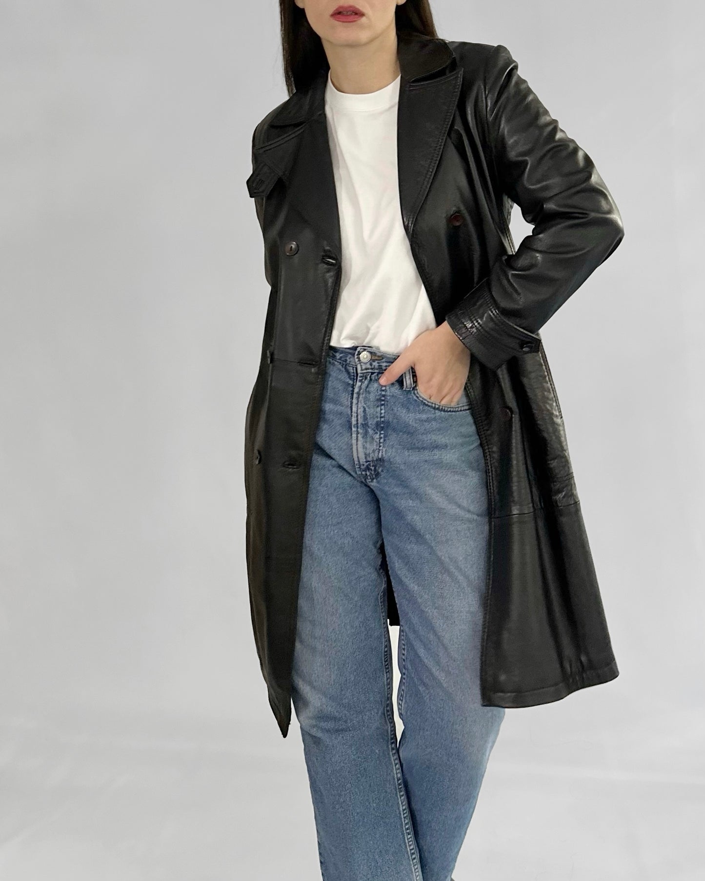 90s Black Nappa Leather Trench Coat
