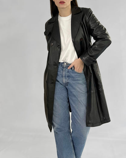 90s Black Nappa Leather Trench Coat