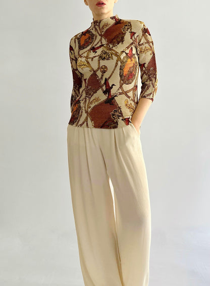 90s Textured Bird Print Pleated Top