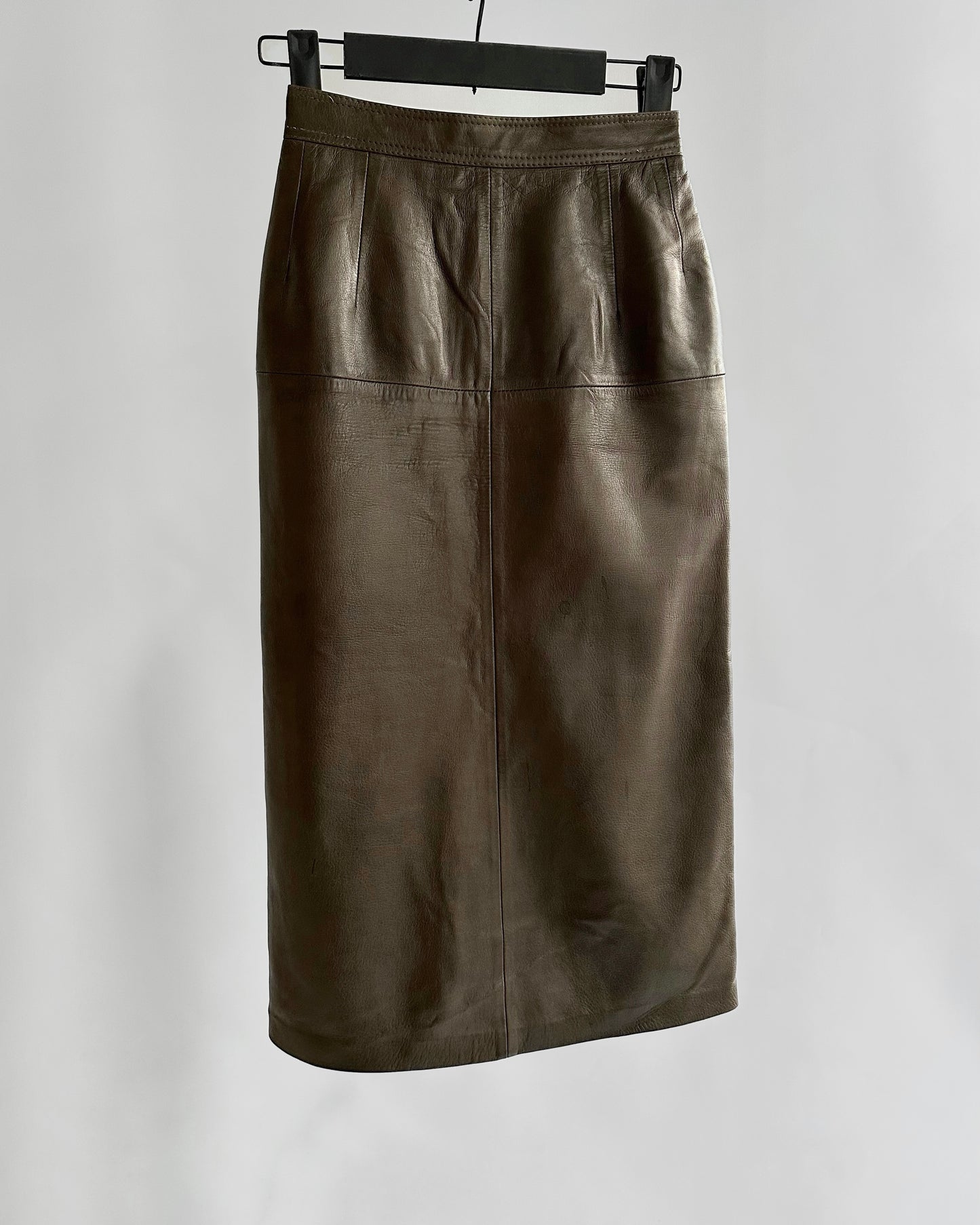 Vintage 1980s Loewe Olive Green Leather Midi Skirt