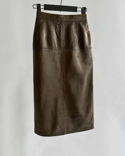 Vintage 1980s Loewe Olive Green Leather Midi Skirt