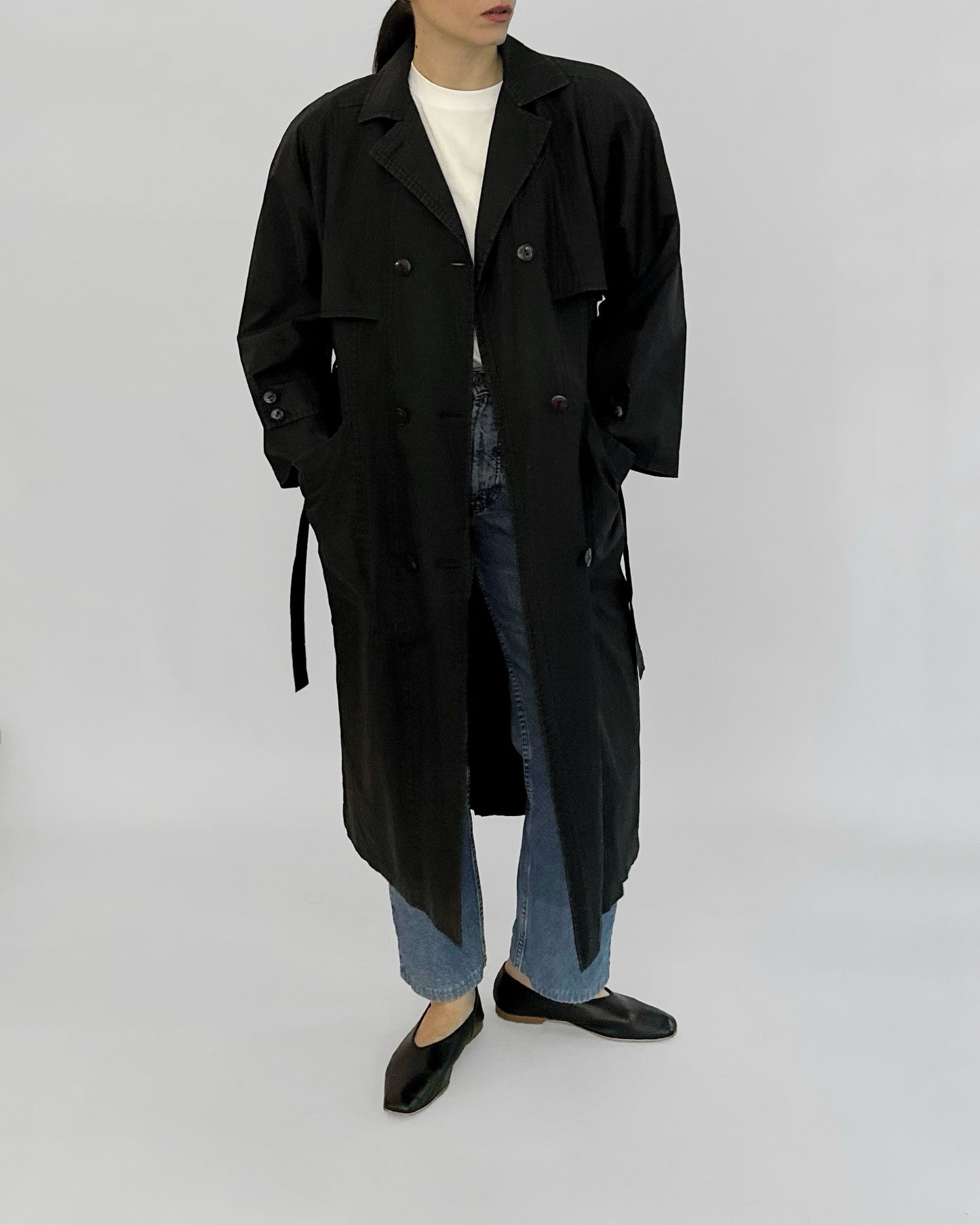 90s Black Belted Trench Coat