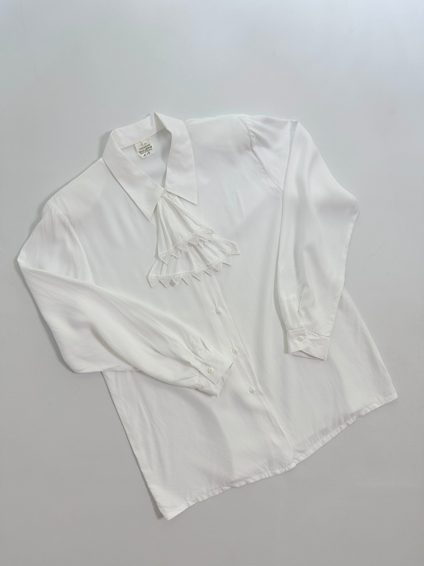 80s White Viscose Tie-Neck Blouse