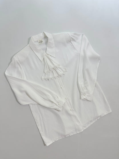 80s White Viscose Tie-Neck Blouse