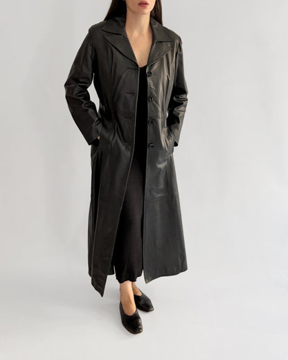 Vintage 1990s Black Italian Goatskin Leather Maxi Coat