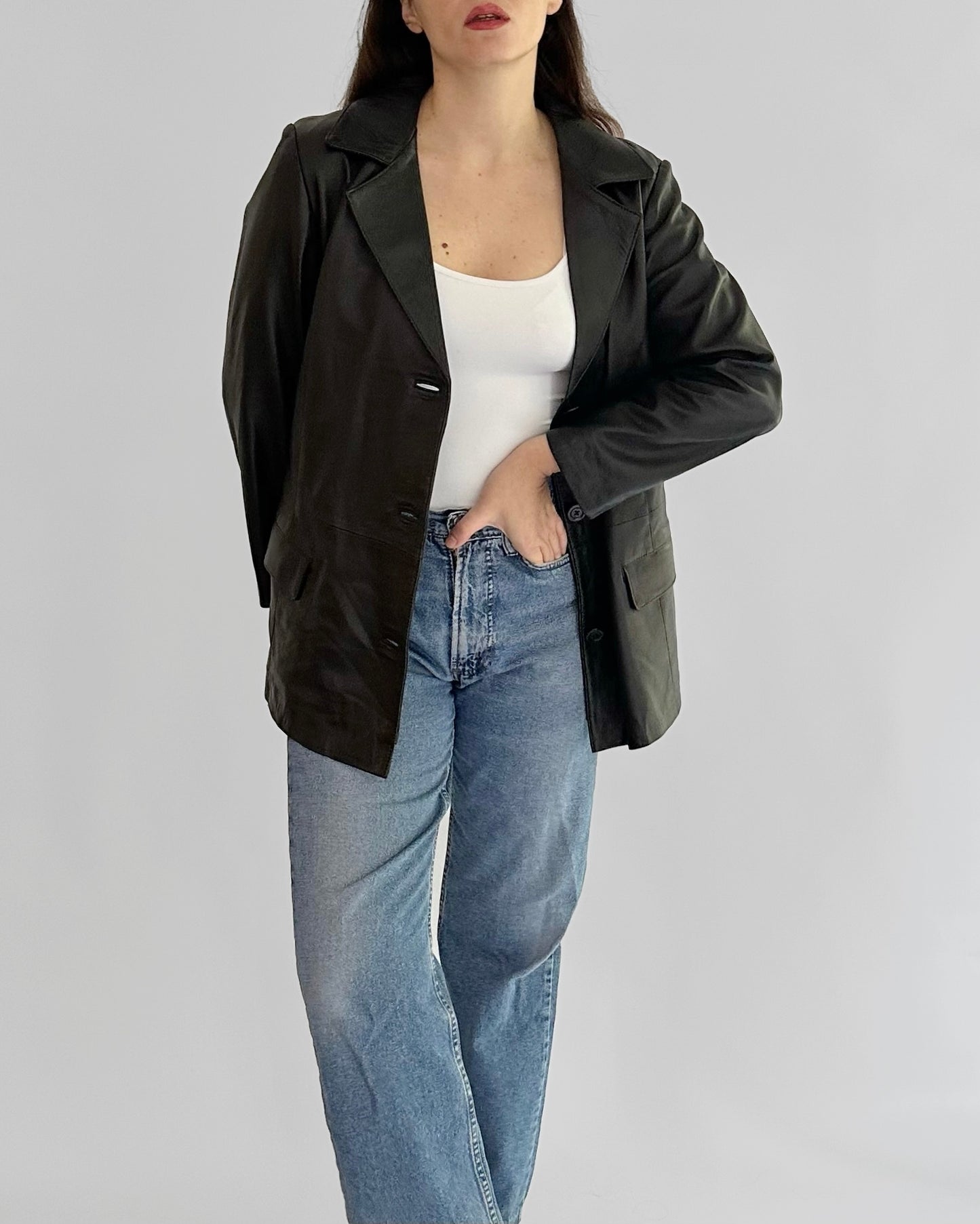 90s Black Sheepskin Leather Blazer