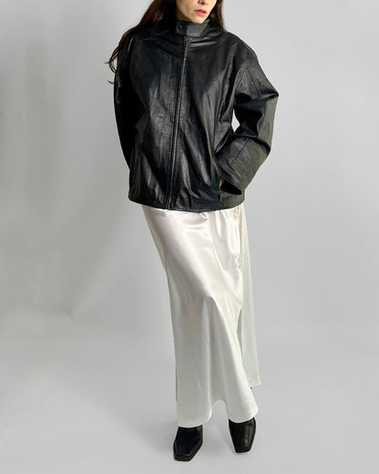 90s Black Leather Jacket – Minimalist Boxy Fit Moto Style