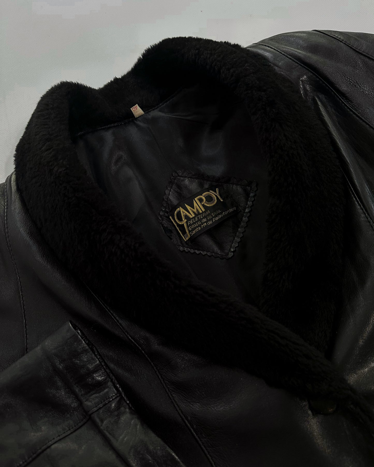 80s Black Leather Coat with Faux Fur Shawl Collar