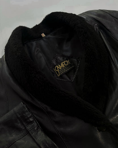 80s Black Leather Coat with Faux Fur Shawl Collar