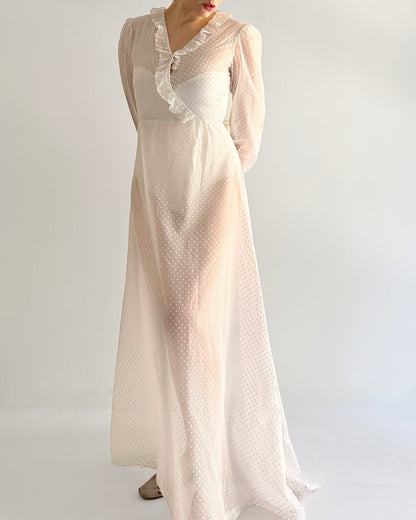 70s/80s Sheer White Polka Dot Dress