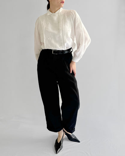 80s White Cotton Linen Pleated Blouse