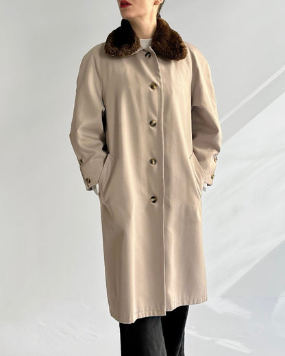 90s Beige Trench Coat – Detachable Faux Fur Collar