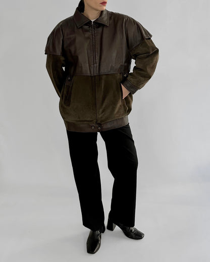 80s Brown Green Sheepskin Suede Leather Jacket