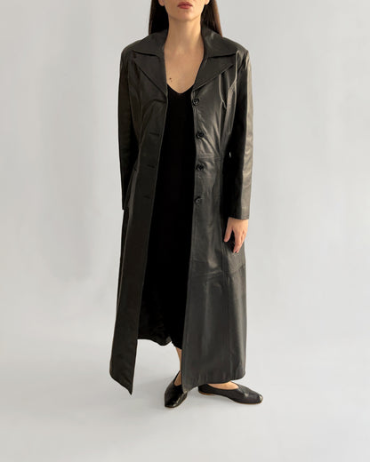 Vintage 1990s Black Italian Goatskin Leather Maxi Coat