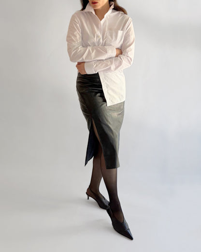90s Black Faux Leather Midi Skirt