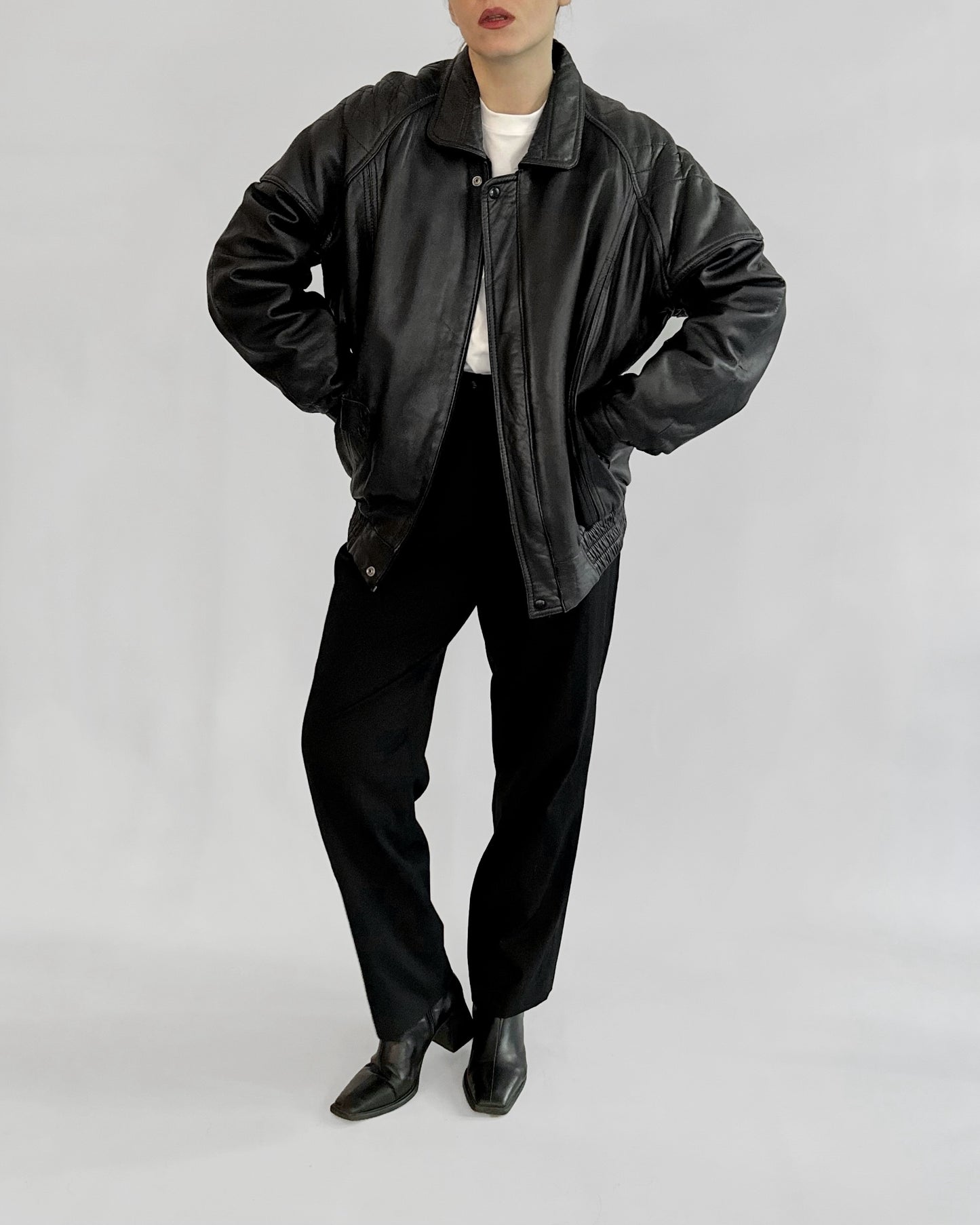 80s Black Leather Bomber Jacket