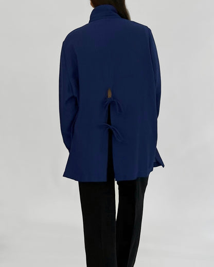 80s Royal Blue Button-Up Shirt with Back Tie