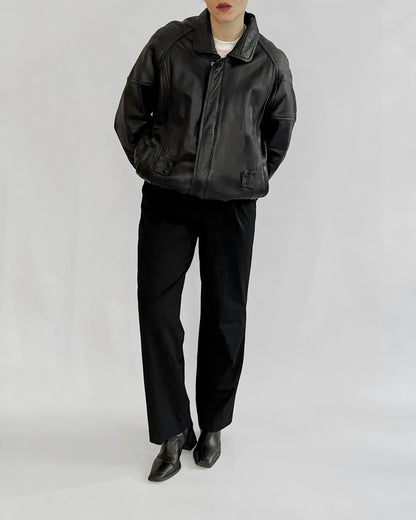 80s Black Leather Bomber Jacket