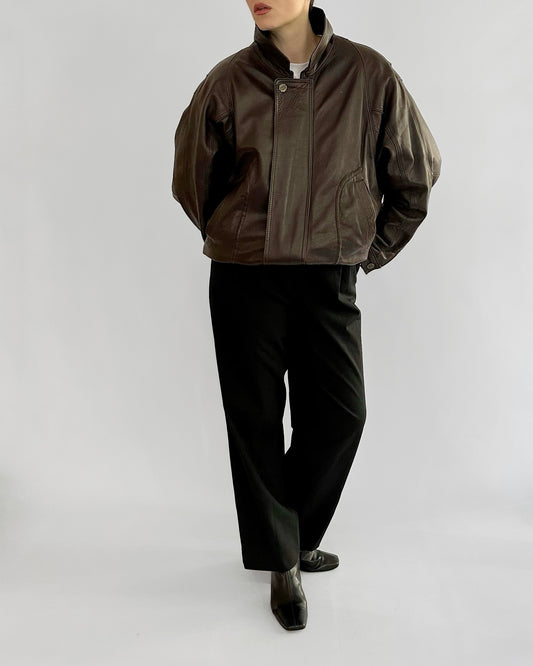80s Brown Leather Bomber Jacket